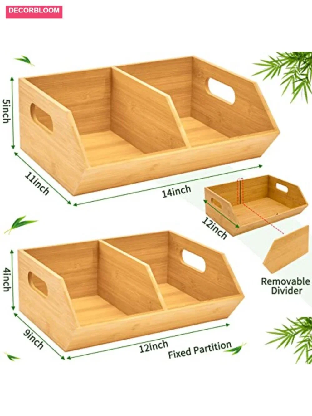 2-Piece Bamboo Storage Bin Set - Kitchen Pantry Organization Baskets